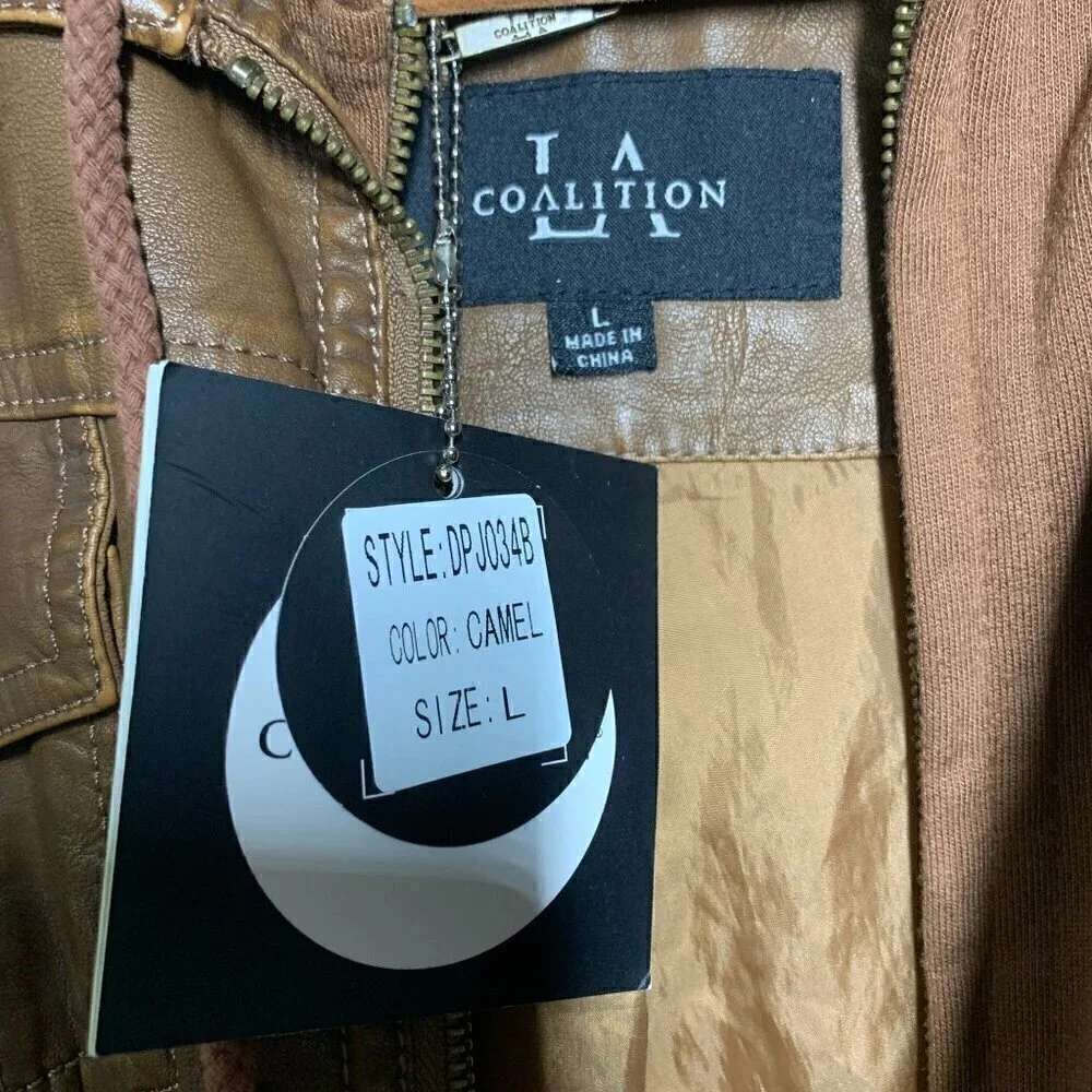 Coalition LA Camel Bomber Jacket Hoodie Double Zip Vegan Leather Sz Large NWT - Picture 5 of 12